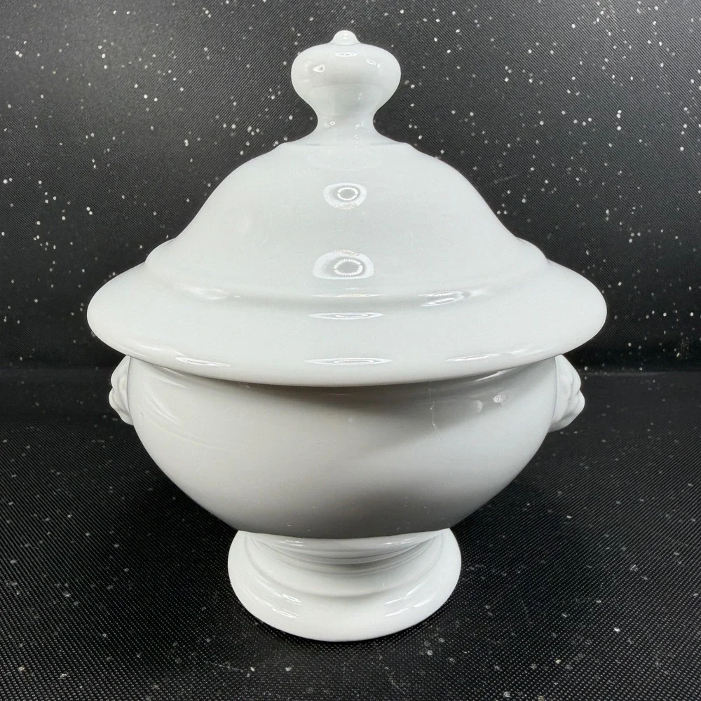 Apilco France White Porcelain Lion Head Dish w Lid Footed Bowl Container Jar
